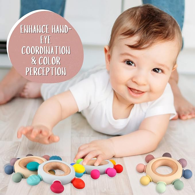 Baby Teething Toys, Silicone Chewable Teethers with Wooden Ring for Soothing Babies Gums, Rudder Chewers Shower Gift for lnfants & Toddlers, 3+ Months (8 Directions, Gray)