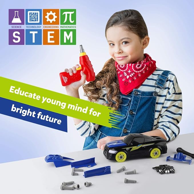 Coogam Take Apart Racing Car with Electric Screwdriver Tool, Fine Motor Skill Toy Car Construction Set STEM Building Learning Game with Light and Sound Gifts for Year Old Boys and Girls