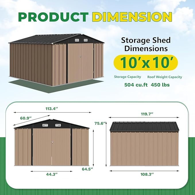 Devoko 10 x 10 FT Outdoor Storage Shed, Metal Garden Sheds & Outdoor Storage Clearance, Large Tool Shed Outdoor with Single Lockable Door for Patio Lawn Backyard (Brown)
