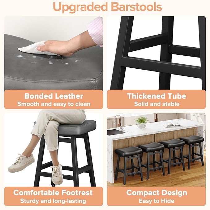 Counter Height Bar Stools Set of 2, 24 Inch Barstools for Kitchen Counter, Kitchen Stools with Bonded Leather Saddle Seats & Heavy Duty Metal Legs, Easy Assembly, Gray/Black