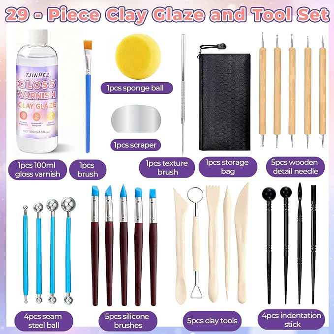 100ml Air Dry Clay Glaze and 29pcs Clay Tools Kit - Waterproof Scratch-Resistant Gloss Varnish Protects from Wear/Cracking, Pottery Tools for Stippling, Carving, Molding & Shaping Clay Crafts