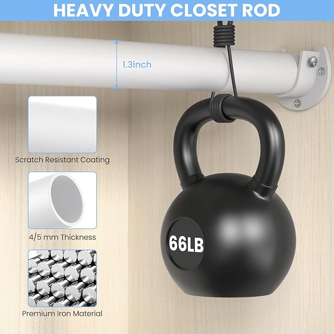 3 Pack Closet Rods for Hanging Clothes, 17 to 39 Inch Heavy Duty Stepless Adjustable Closet Hanging Rod, 1.3 Inch Diameter Metal Closet Rod for Wardrobes Laundry Bedroom RV, White