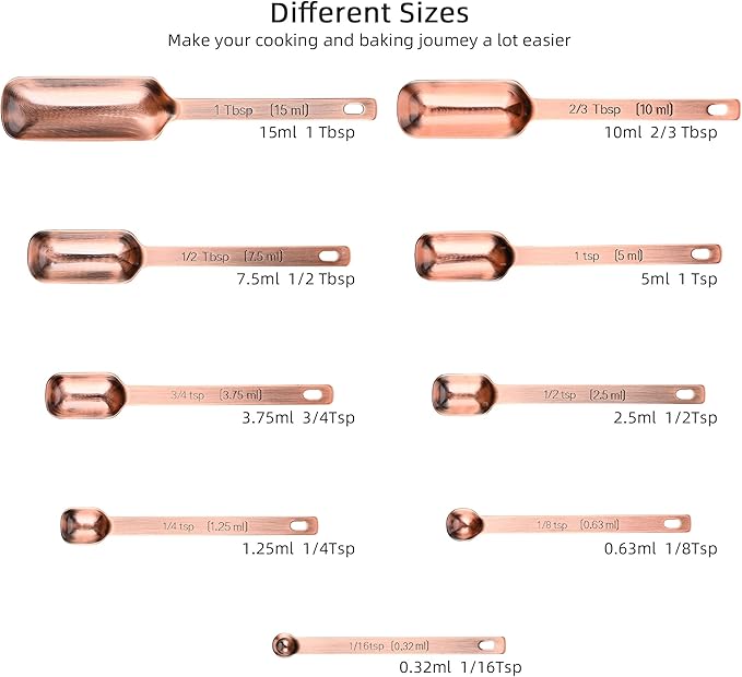Copper Measuring Cups and Spoons Set 17, Stainless Steel 7 Measuring Cup and 9 Spoons for Dry & Liquid, Metric & US Metal Measuring Cups and Spoons Set &Leveler for Baking & Kitchen