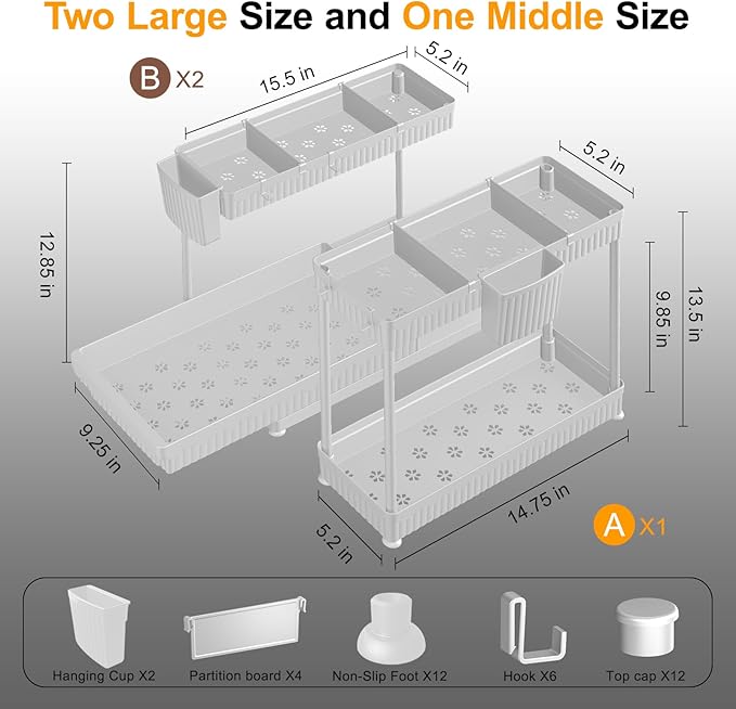 3 Pack Multi-Purpose Under Sink Organizers and Storage, 2026 L-Shaped Pull Out Cabinet Organizer for Bathroom & Kitchen, Under Cabinet Organizer with Hooks Hanging Cup, White