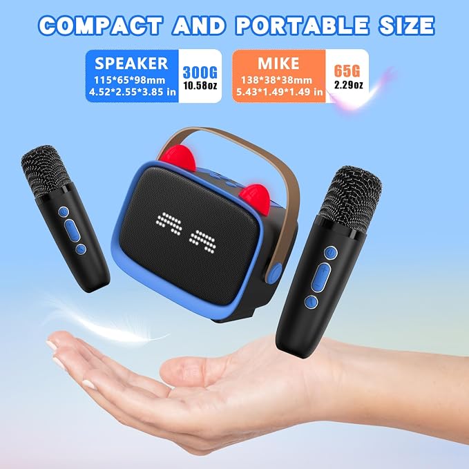 Mgaolo Upgraded Mini Karaoke Machine Toy for Kids, Portable Bluetooth Speaker with 2 Wireless Mics, Emoji & Colorful LED Lights, Home Travel & Party Play Gifts for Boys Girls (Blue)