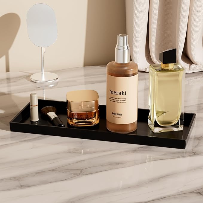 Vanity and Bathroom Tray, 15" ABS Countertop Organizer,Waterproof Vanity Tray for Toilet Tank,Perfume,Soap,Keys,Bathroom Accessories,Kitchen and Bath Trays,Non Slip Small Trays,Black,2 Pack
