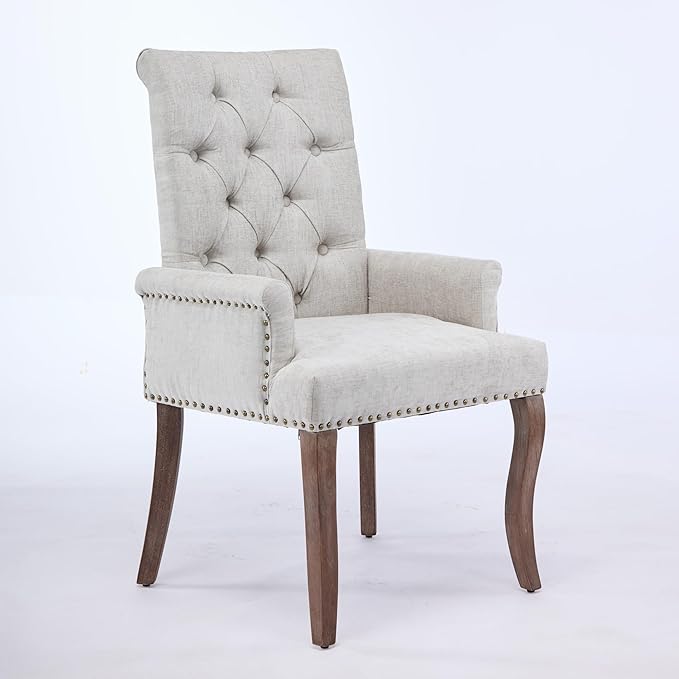 Upholstered Tufted Chenille Dining Chairs with Arms & Nailhead Trim – Solid Wood Frame & Legs, Modern Farmhouse for Dining, Kitchen & Living Room (Set of 1, Beige)