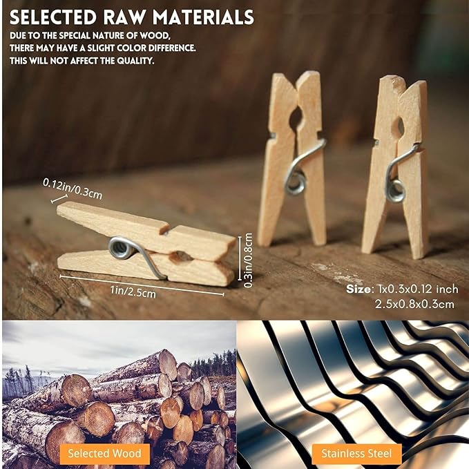 Sturdy Mini Clothes Pins for Photo, 150 Pcs 1 Inch Natural Wooden Clothespins with 33 FT Jute Twine, Small Clips for Crafts Display, Baby Shower Game, Hanging Decorative Pictures, Cocktail, Weddings