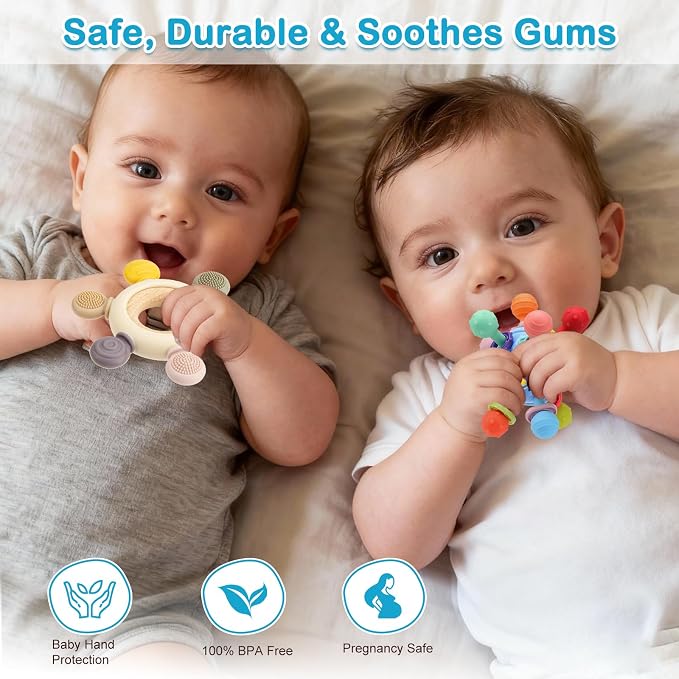 2 Pack Baby Teething Toys for 0-6 6-12 Months, Silicone Soothing Baby Teether Toys & Montessori Sensory Toys for Boy Girl, Safe and Durable Teething Toys for Newborn Infant