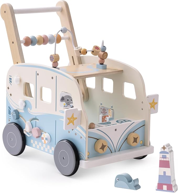 ROBOTIME Wooden Baby Walker, Baby Push Walker, Baby Activity Center Toys, Ajustable Speed Multi-Functional Baby Walker with Wheels for Boys and Girls(Vacation Bus)