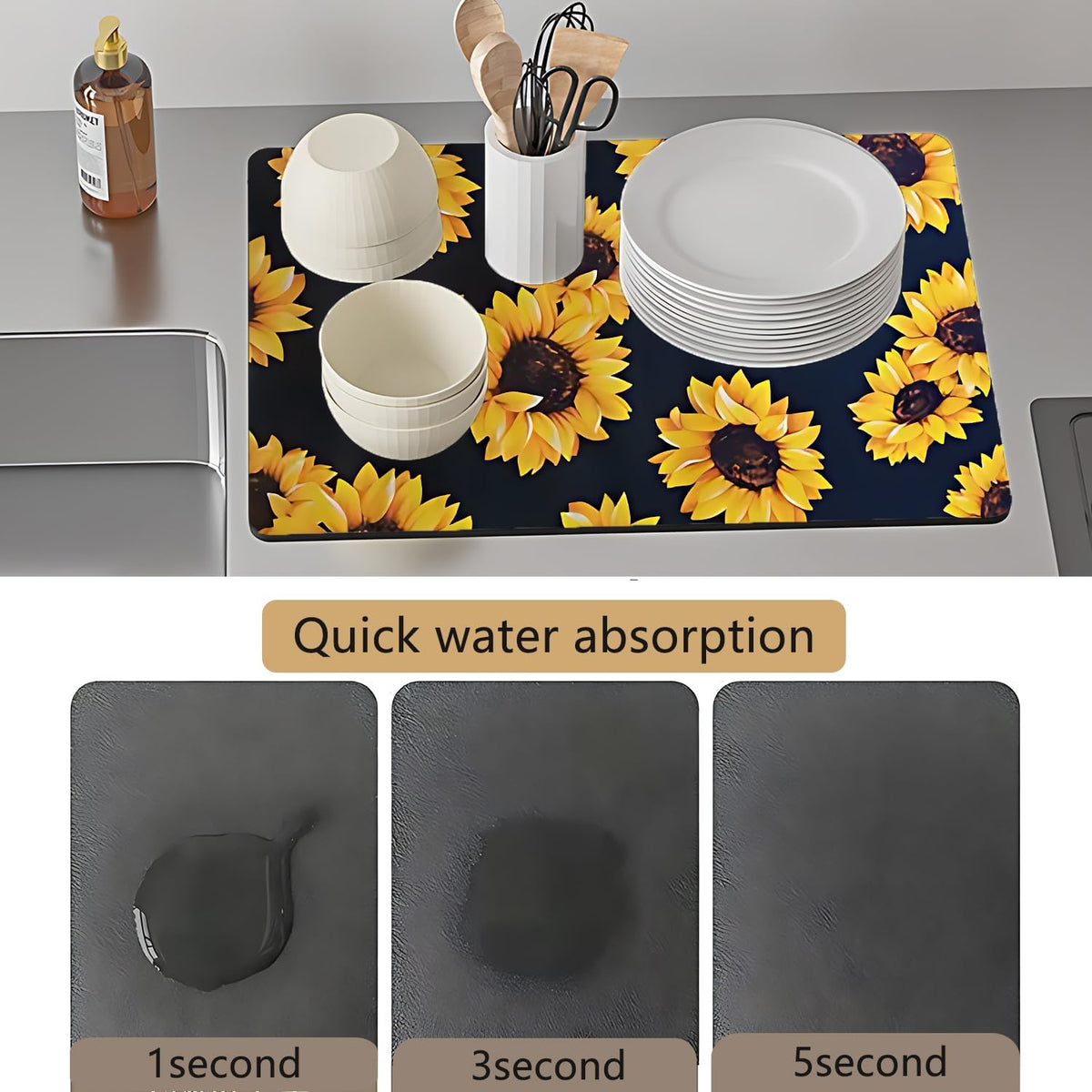 Dish Drying Mat Foldable Fall Kitchen Drying Mat Absorbent Sink Mat Multi-Purpose Coffee Pad Easy To Clean,Kitchen Gadgets,sunflower decor(sunflower) (16inches*18inches)