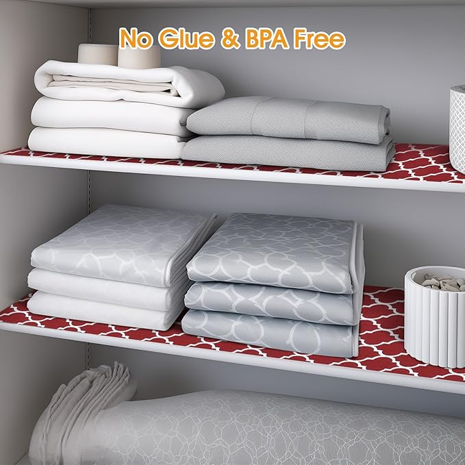 Shelf and Drawer Liner for Kitchen Cabinets Non-Adhesive, Strong Grip Non-Slip Thickened Cabinet Liners for Shelves, Waterproof Mats for Dresser Cupboard, Red/White, 17 in x 20 Feet