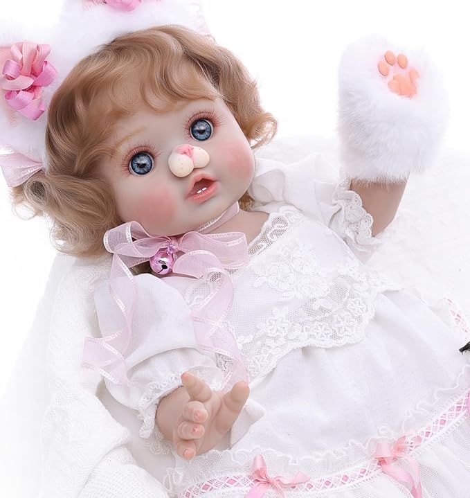 Baby Doll, 18 Inch Realistic Reborn Toddler Real Life Baby Dolls with White Lace Dress, Magnetic Cat Nose, Fluffy Paw Mitten & Tail, Premium Collectible Gift for 3+ Year Old Girls