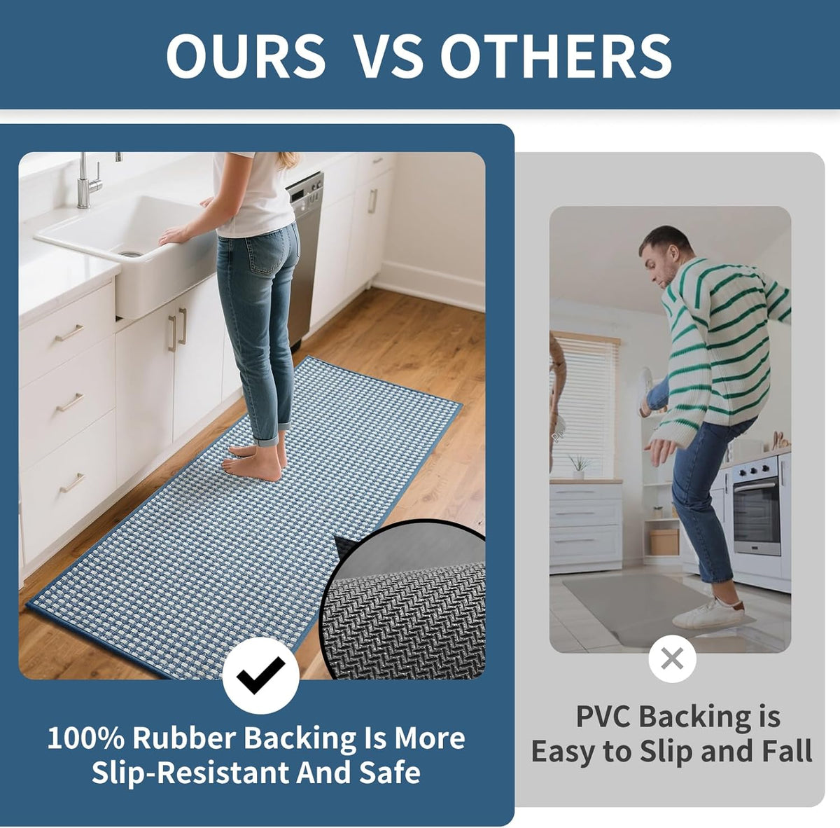 Large Kitchen Runner Rugs Long Kitchen Mat Non Slip Washable, Super Absorbent Soft Chenille Braided Kitchen Mats for Floor, Rubber Backing Kitchen Sink Standing Mat, Easy Clean, Blue 36"x71"