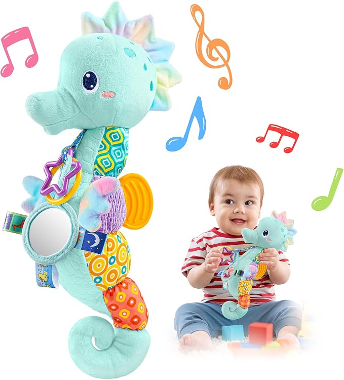 LIGHTDESIRE Baby Toys Sensory Musical Seahorse Soft Plush Stuffed Animals | Infant Toys with Teething Crinkle & Rattles for Newborn 0-3-6-12 Months Tummy Time Toys for Boys Girls Birthday Shower Gifts