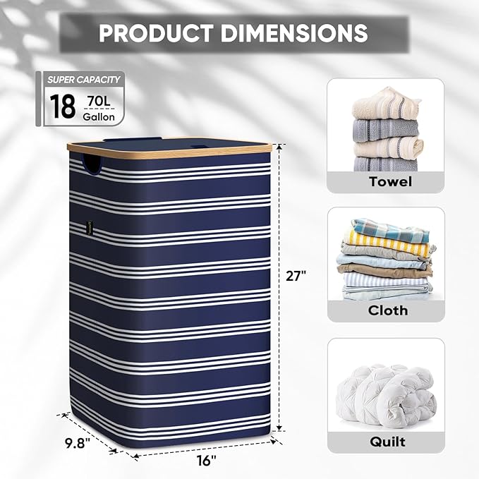 BALEINE Laundry Hamper with Lid, Tall Laundry Baskets with Bamboo Pull Handles, Large Laundry Bin with Internal Support (18 Gal/70L, Blue Pinstripe)