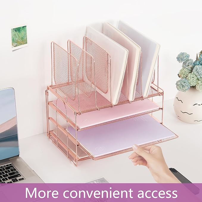 Desk Organizers and Accessories, 3-Tier Paper Organizer with 5 Vertical File Holders, File Organizer for Desk (Rose Gold, 3T)