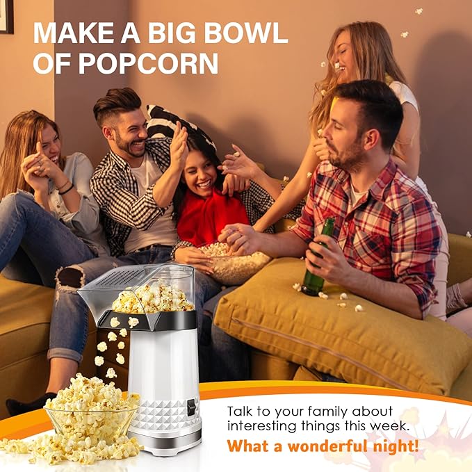 4.5 Quarts No Oil Electric Popcorn Machine with Measuring Cup + Melts Butter, Quick & Easy Hot Air Popcorn Popper Maker with On/Off Switch, Etl Certified, Air Popper for Movie Nights Parties(White)