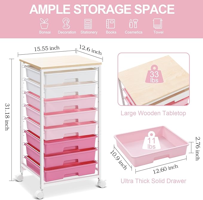 Rolling Cart with Drawers,Storage Cart with 8 Drawers and Wooden Tabletop,Utility Cart for Living Room,Classroom, Bedroom,Bathroom,Dorm,Office,Rose Pink