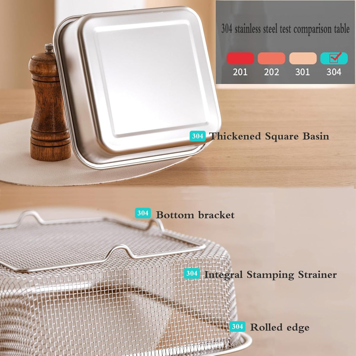Square Colander Set, 304 stainless steel, with PE lid, deli containers, back of the kitchen preparation, washing and draining tools, refrigerator storage, frying oil filter (2500ML)