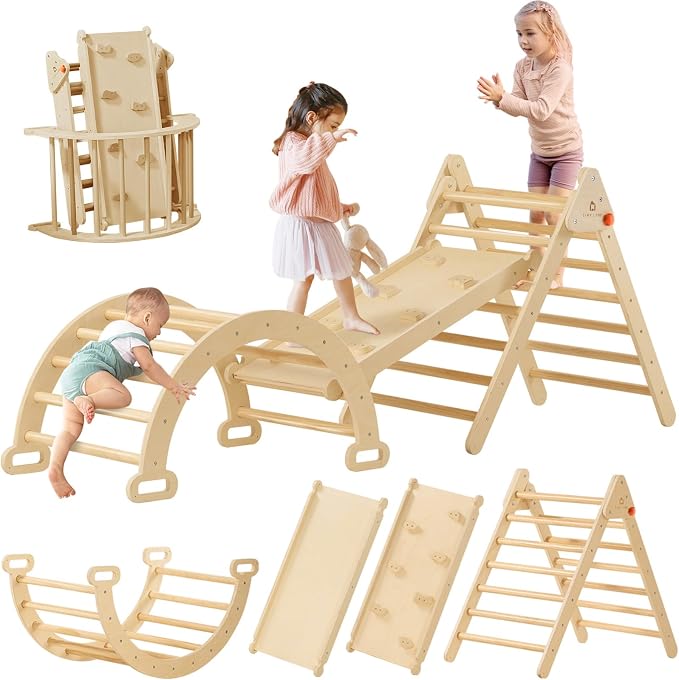 Tiny Land Pikler Triangle Set, 7-in-1 Foldable Pikler Triangle Climbing Toys Set for Kids,Baby Indoor Playground Jungle Gym, Wooden Montessori Climbing Set for Toddler (Natural)