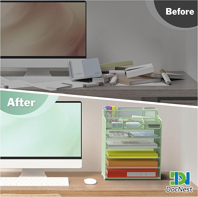 Docnest 6 Tier Mesh Desk Organizer for Paper Office Supplies – Multi-Functional Letter Tray with 5 Adjustable Compartments, 3 Pen Holders, Desktop Storage for Files, Mail, Stationery – Green