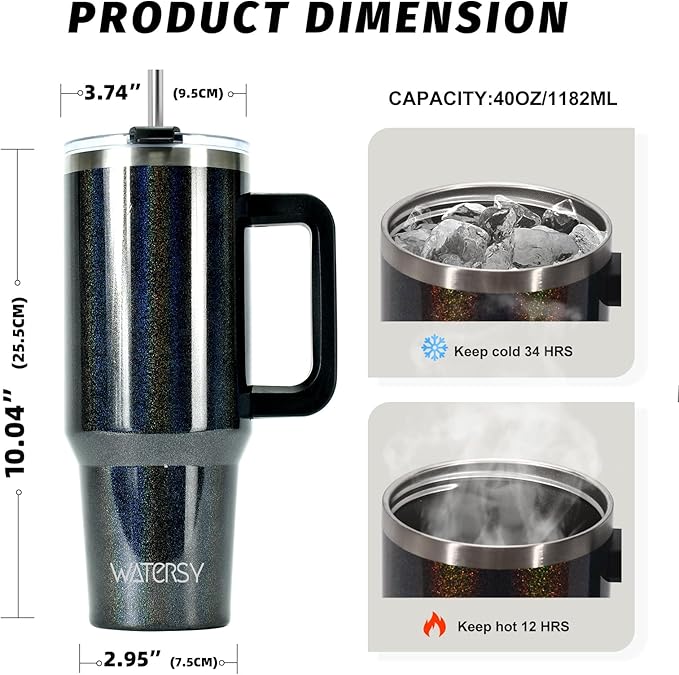 40 oz Shiny Tumbler with Handle and Straw,Stainless Steel Tumbler with Lid and Straw,Insulated Travel Mug(Cold for 34 Hours),Water Bottle for Iced Tea,Coffee (Black)