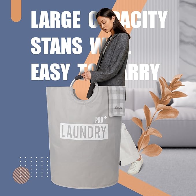 Caroeas Super Large 150L Laundry Basket Pro, Waterproof Laundry Hamper, Collapsible Laundry Basket Easy Storage, Clothes Hamper Stands Up Well, Laundry Bag with Padded Handles (Light Grey)