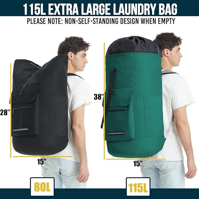 Laundry Backpack with Shoulder Straps，Laundry Bag Extra Large 115L，Laundry Backpack Heavy Duty with 4 Pockets, College Laundry Bags for Dorm Room， Sturdy Clothes Hamper Bags，Laundry Hamper Bag XXL