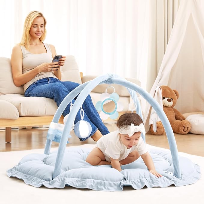 ANGELBLISS 5 in 1 Baby Play Gym Mat, Reversible Tummy Time Mat with 5 Sensory Toys for Stage-Based Developmental, Thick & Large Baby Activity Center from Newborn to Toddler (Light Blue)