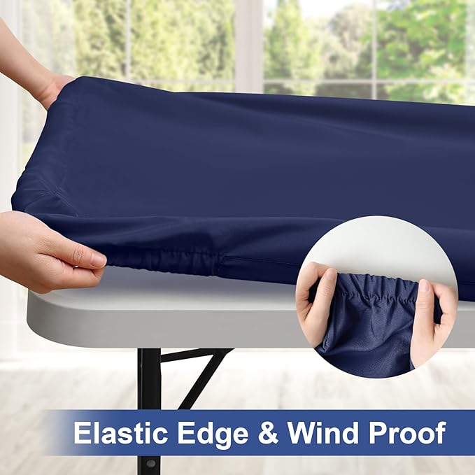homing Rectangle Table Cloth Cover, Waterproof Polyester Elastic Fitted Tablecloth, Fits for 8 Foot Folding Tables, Washable Table Protector for Picnic, Camping, Outdoor (Navy Blue, 36" x 96")