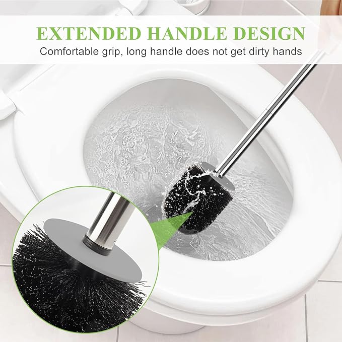 Compact Toilet Brush & Holder, Stainless Steel Handle, Space Saving for Storage, Deep Cleaning, Drip-Proof, Easy to Assemble, Nylon Bristles, White & Grey
