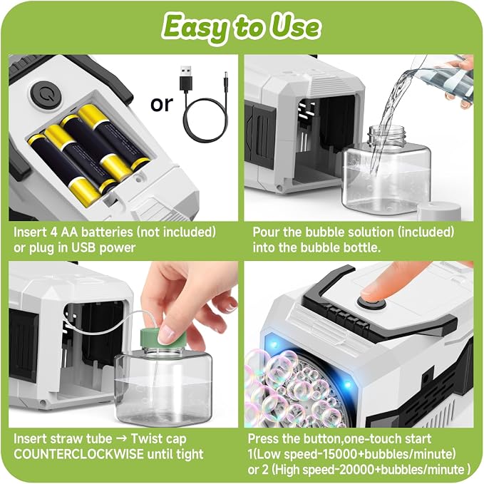 Bubble Machine for Children, Powered by USB Adapter or Battery, Suitable for Indoor & Outdoor Birthday Parties, Weddings & Outdoor Activities