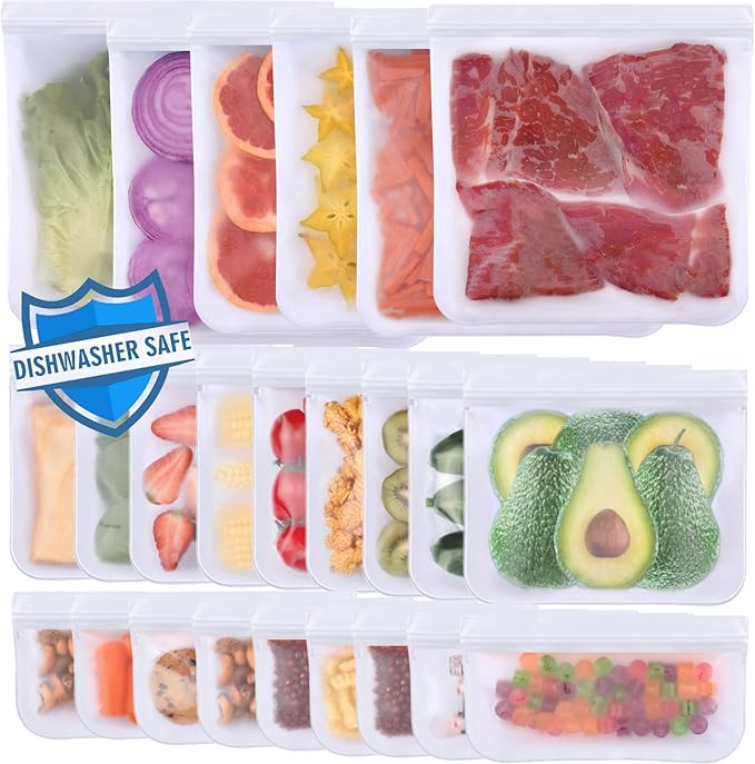 Lerine 24 Pack Dishwasher Safe Reusable Bags, Leakproof Reusable Freezer Bags, BPA Free Food Storage Bags for Lunch Meat Veggies (6 Gallon 9 Sandwich 9 Snack Bags) - White