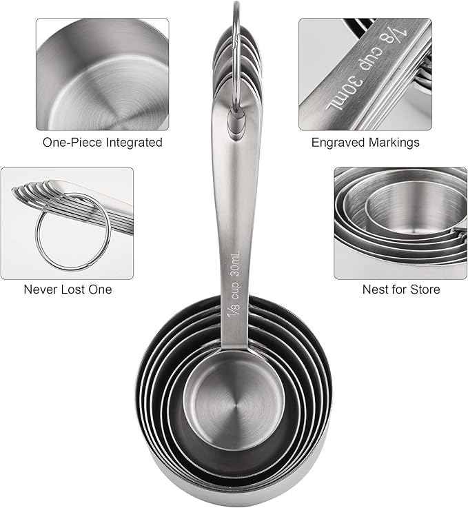 Measuring Cups and Spoons Set of 19, 7 Stainless Steel Stackable Measuring Cups, 9 Measuring Spoons, Metal Measuring Spoons and Cups for Dry or Wet Ingredients During Kitchen & Baking