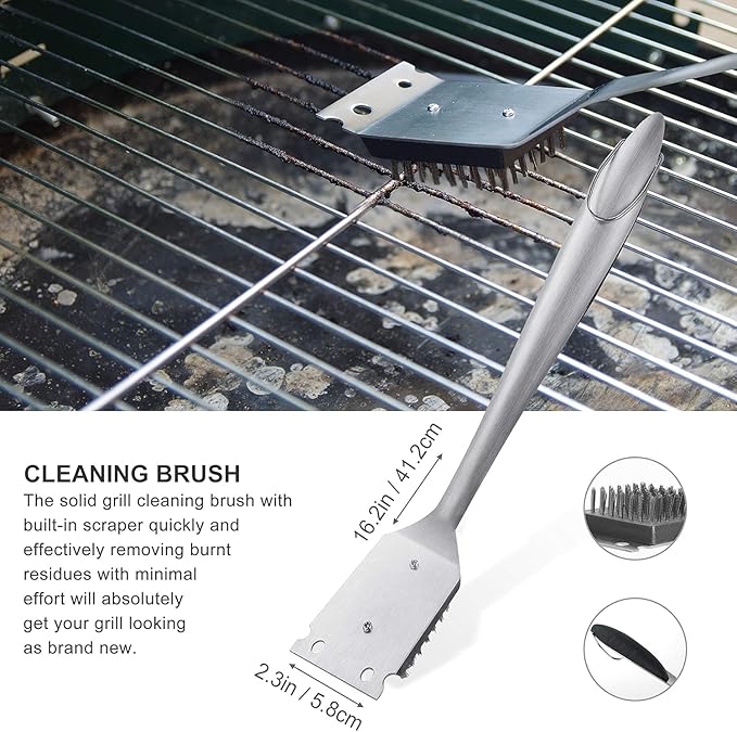 grilljoy 8PCS BBQ Grill Tools Set with Extra Thick Stainless Steel Spatula, Fork, Tongs & Cleaning Brush - Complete Barbecue Accessories Kit with Portable Bag - Perfect Grill Gifts for Men Black