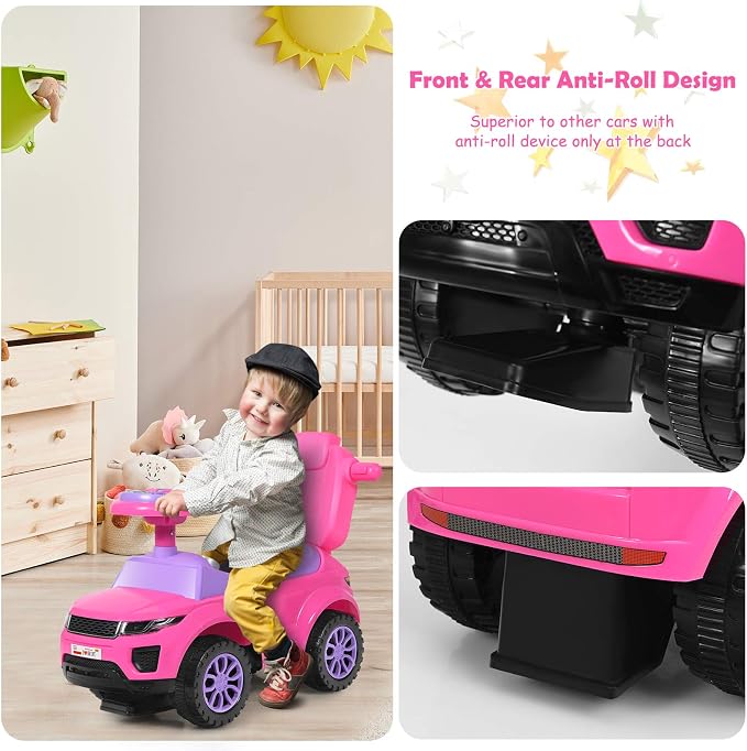 Costzon 3 in 1 Ride on Push Car, Stroller Sliding Walking Car with Horn, Music, Light, Under Seat Storage, Parental Handle, Armrest Guardrails, Ride on Toy for Boys & Girls (Pink)