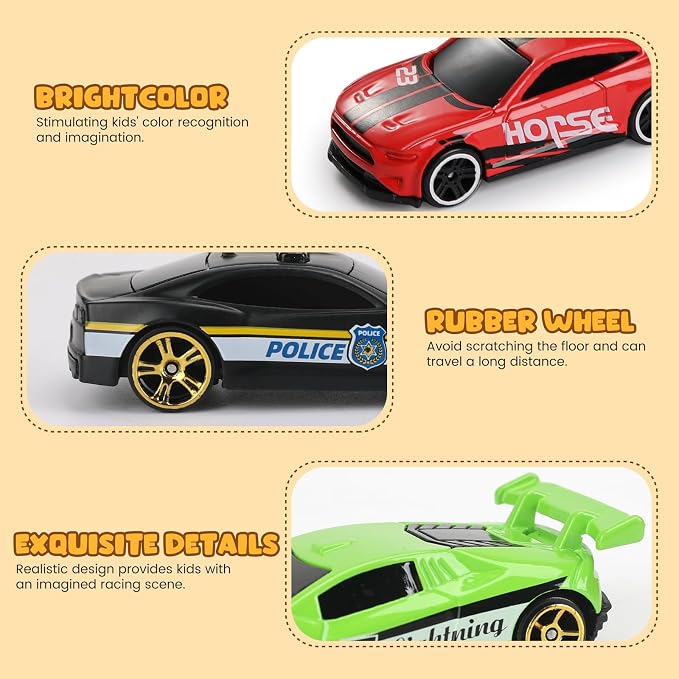 Die Cast Pull Back Toy Cars, 4 Pack 1:64 Mini Cars with (Middle) | 4 pull-back die-cast mini cars with a portable storage case for racing, collecting, sharing, and travel play.