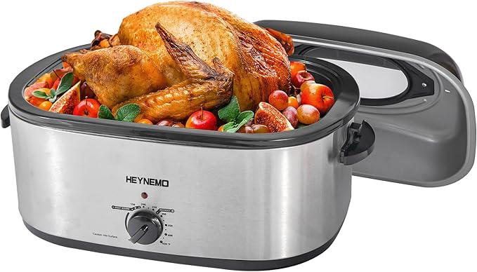 HEYNEMO Turkey Roaster Electric, 24 Quart Oven with Self-Basting Lid, Removable Pan and Rack, Adjustable Temperature Control Powerful 1450W Stainless Steel Oven, Silver