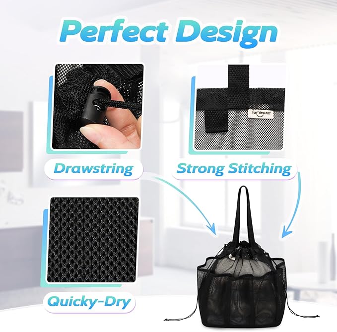 Mesh Shower Caddy Portable with Drawstring, Dorm Room Essentials for College Students boy & girl, Larger Shower Bag for Camping,Swimming,Gym,Travel,Bathroom - Black
