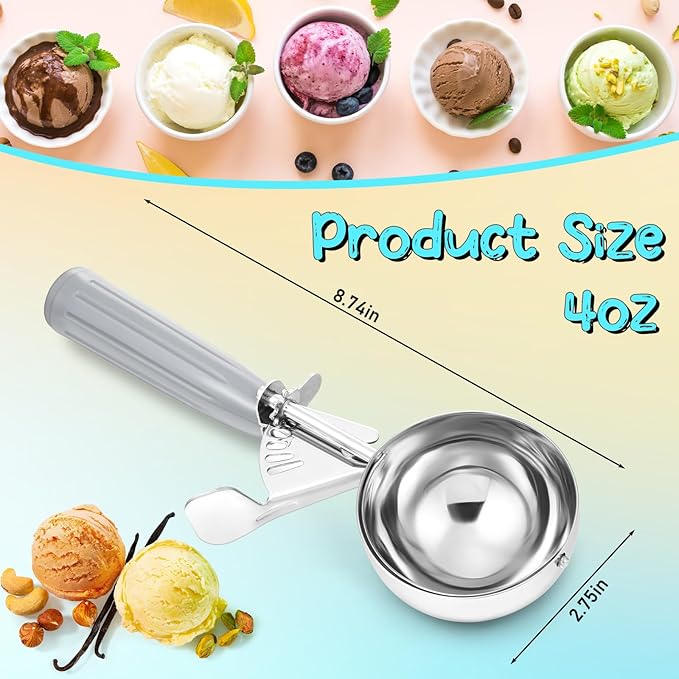 Reallnaive 2 Pcs Release Cookie Scoops Ice Cream Scooper with Trigger Release Portion Scoop Stainless Steel for Portion Control, Baking Food, Cookie Dough (4 oz,Gray)