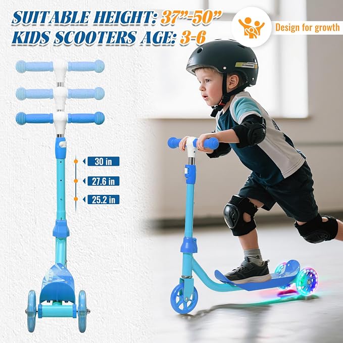 Kids Scooter Ages 3-7, 3 Wheel Scooter with LED Light Up Wheels, Safer Steering & Adjustable Handlebar, Wide Anti-Slip Deck, Heavy Duty Metal Kick Scooter for Boys Girls Toy Gift, Up to 110 lbs