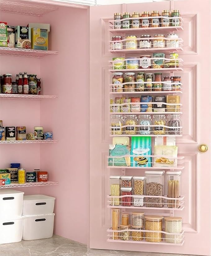 Moforoco Pink 9-Tier Over The Door Pantry Organizer, Pantry Organization and Storage, Black Hanging Basket Wall Spice Rack Seasoning Shelves