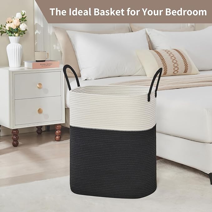 Laundry Basket with Handles - Blanket Basket & Hampers for Bedroom Aesthetic, Laundry Hamper & Blanket Storage for Living Room, Clothes Hamper, Tall, Large 17" x 14" x 25”, White & Black