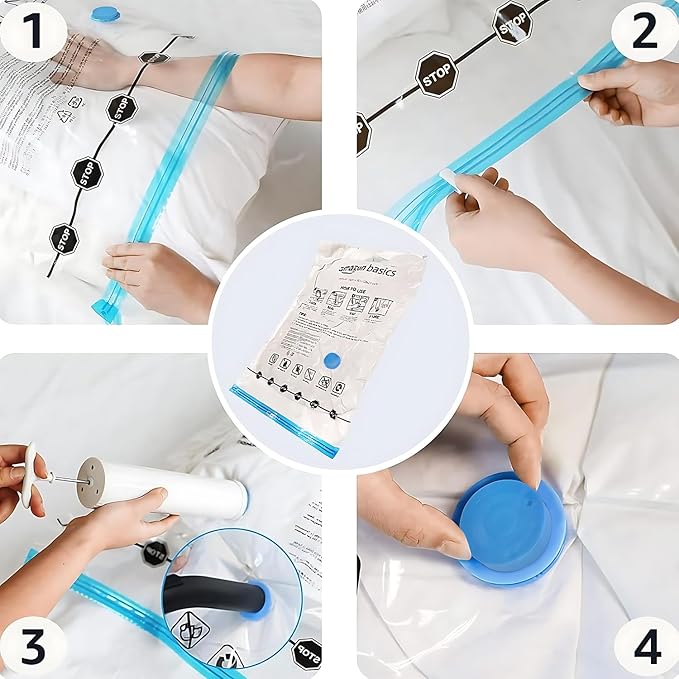 Amazon Basics Vacuum Compression Zipper Storage Bags With Hand Pump, Medium, Clear, 5-Pack, White, Sky Blue