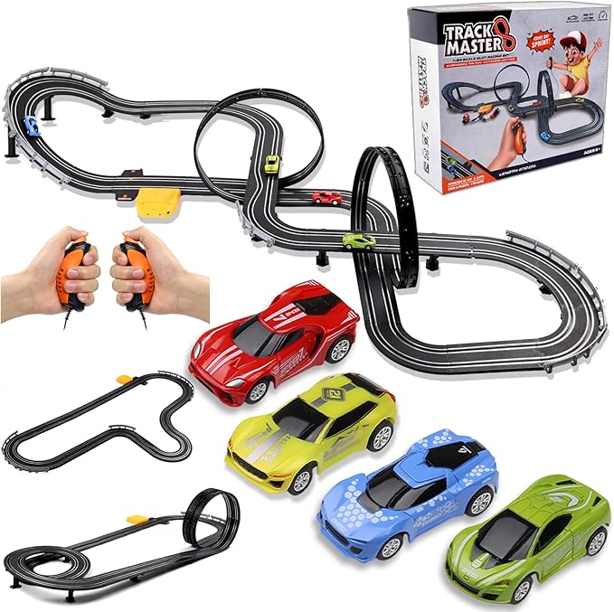Slot Car Race Track Sets, 23ft Battery Powered or Electric Track with 4 Slot Cars, Dual Racing Game Lap Counters, Race Track Set Features a Loop, Turns, Straightaways and a Crossover for Boys Age 6-12