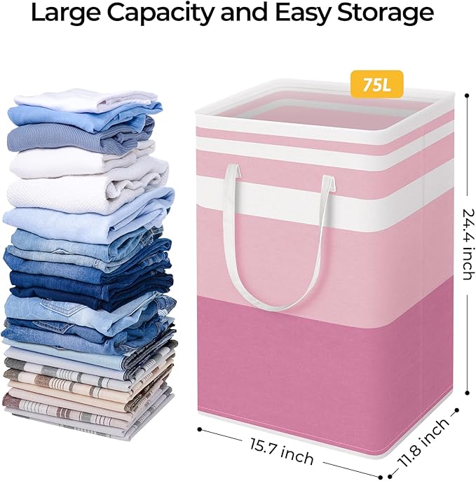 HomeHacks 2 Pack Large Laundry Baskets, Waterproof, Freestanding Laundry Hampers, Collapsible Clothes Hamper with Reinforced Handles in Laundry, College Dorm, Bathroom, Bedroom (Grey+Pink, 75Lx2)