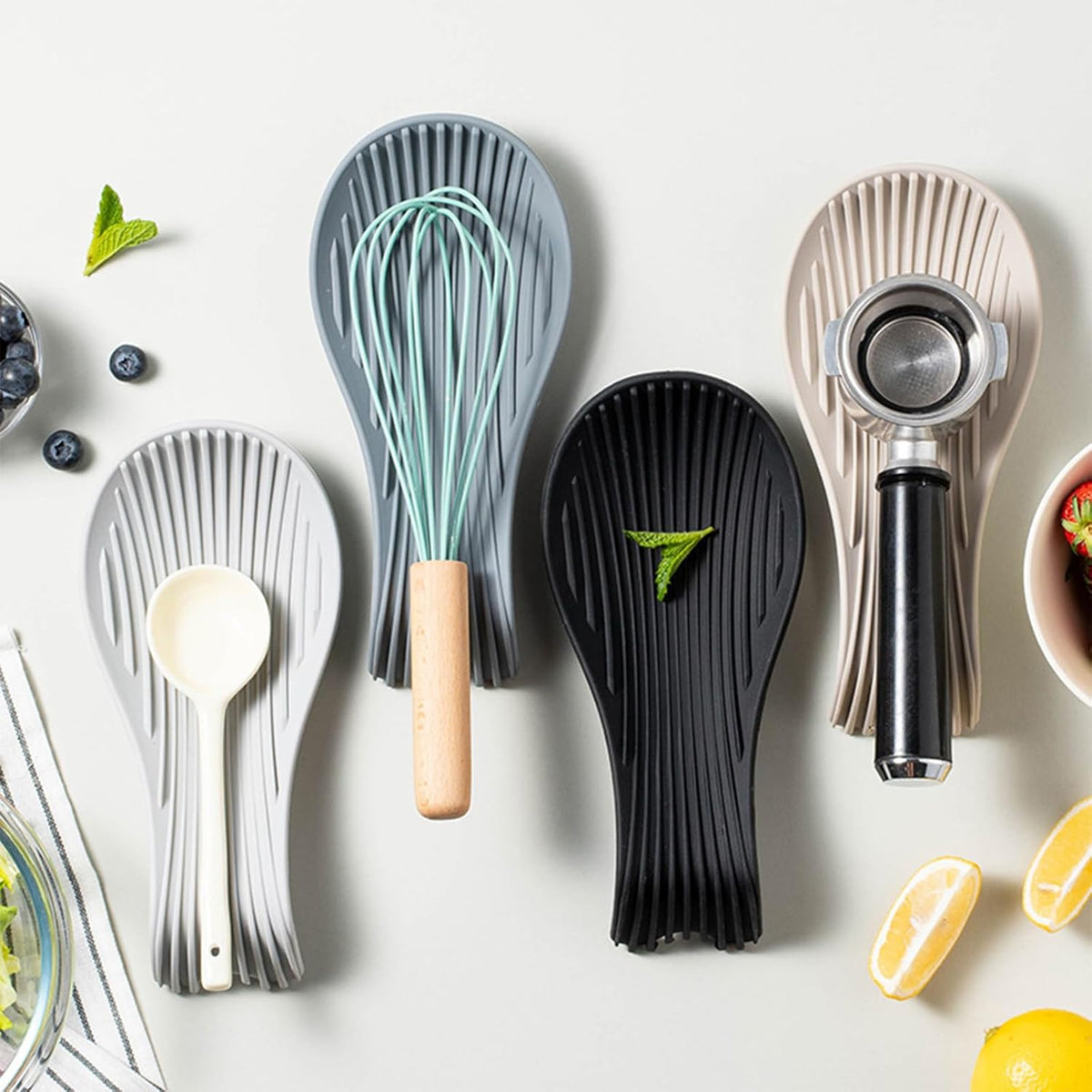 Stove Top Spoon Rest - Heat Resistant & Non-Slip Silicone Holder for Kitchen Counter, Large Cooking Utensil Res (Black)