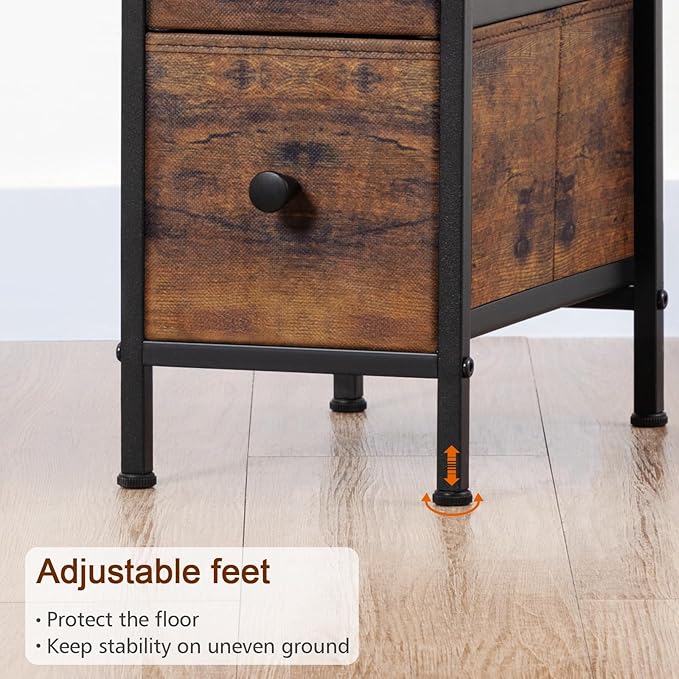 Narrow End Tables Living Room Set of 2 with Charging Station, Skinny Side Table with Fabric Drawers, Slim Nightstand for Bedroom, Small Spaces, Couch, Rustic Brown, HETNDP02PBR