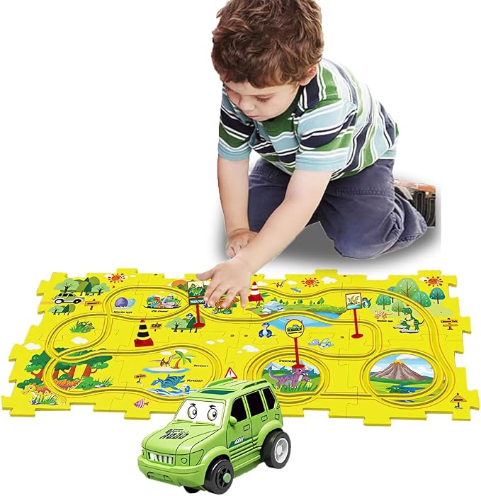 4 Year Old Boy Birthday Gift, Puzzle Racer Kids Car Track Set Puzzle Racer Car Track Set with Roadmap Puzzle Track Car Play Set Toys for 4 Year Old Boys (B-Dinosaur, set2-15PCS)